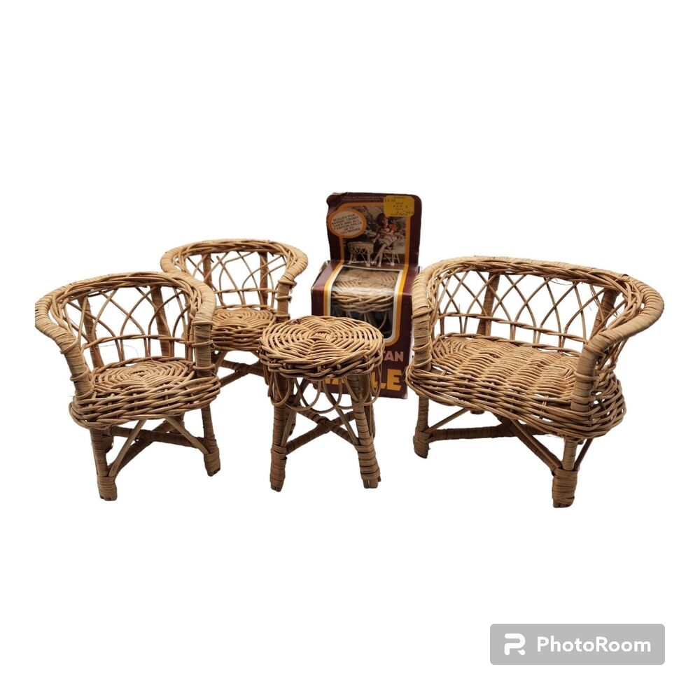 1976 Nasta Toys Real Rattan Settee Armchair Table Lot Scaled For 12" Doll/Barbie